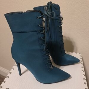 Elegant Teal Lace-Up Ankle Booties